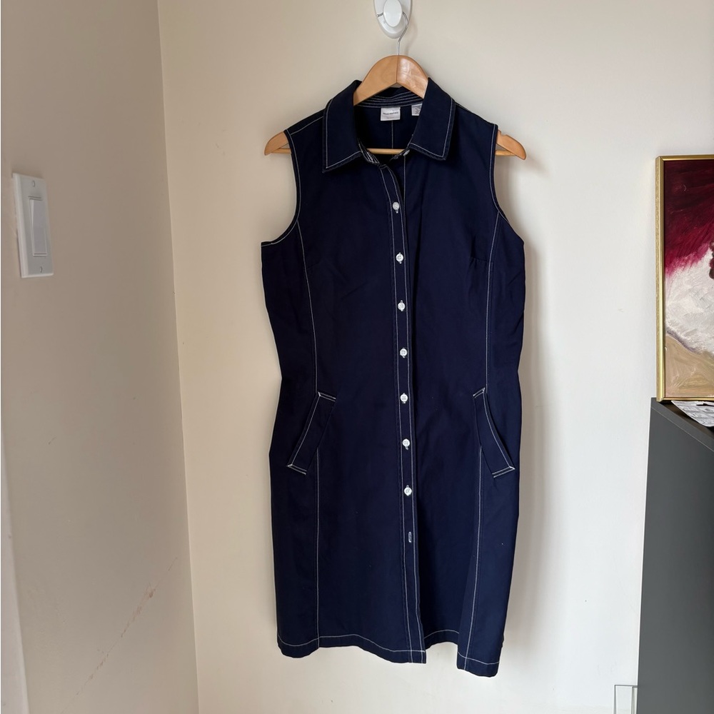 Isaac Mizrahi Navy Button-Up Dress with White Stitching